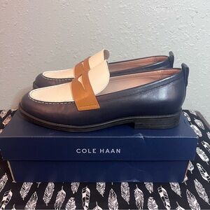 Cole Haan Colorblock Leather Loafers Navy Tan Cream Slip-On Shoes